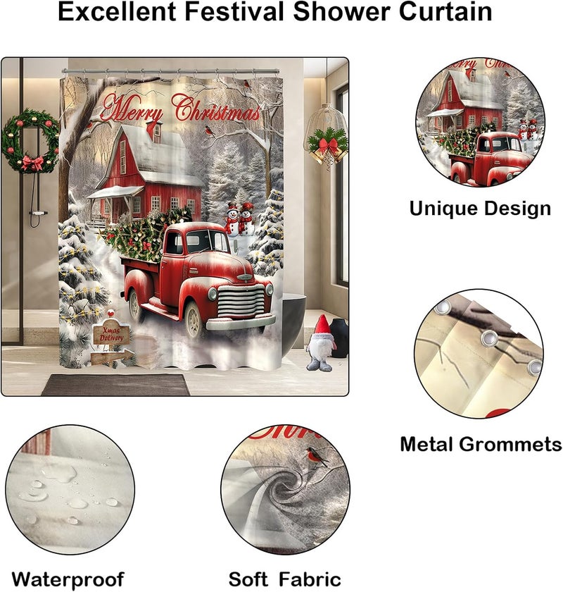 YOSTEV Red Truck Christmas Shower Curtains for Bathroom Decor Christmas Tree Shower Curtain Winter Vintage Rustic Farmhouse Bathroom Curtain Xmas Pine Fabric Cloth Bath Curtain 72x72 Inch - Image 3